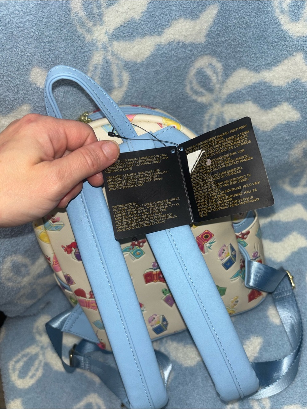 Light Blue Mini Backpack with Multicolor Print